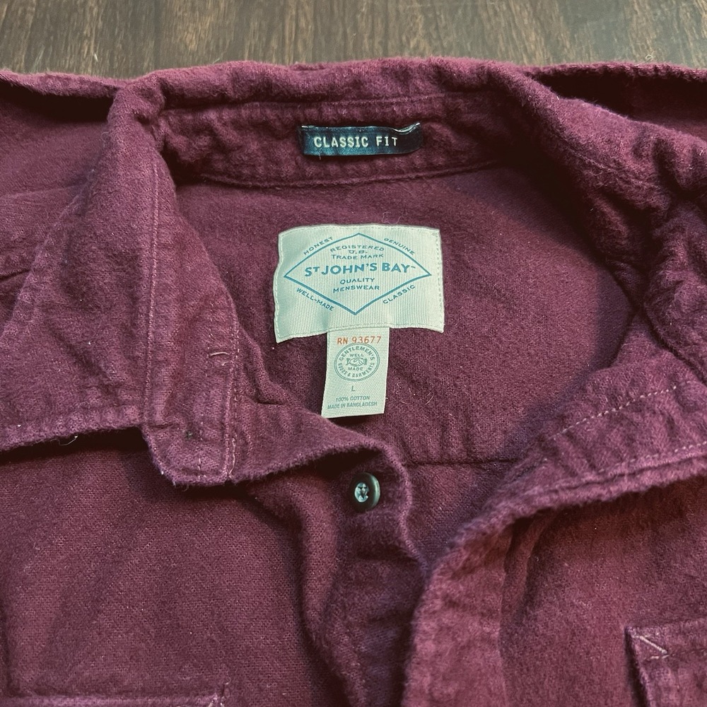 St. John's Bay Classic Fit Flannel Shirt Men's Large Burgundy 100% Cotton VGC